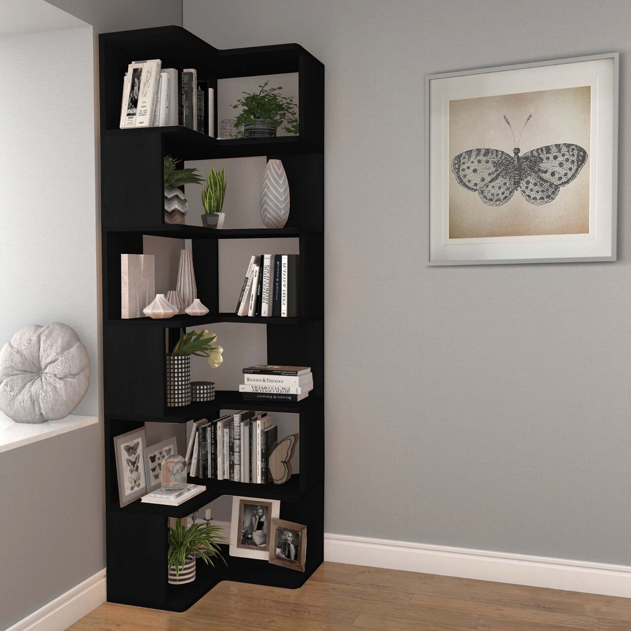Corp biblioteca, Hanah Home, CPT4808-192, 55x192x27 cm, Placaj, Negru Dulapuri și Comode Living